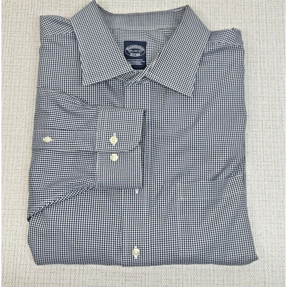 Brooks Brothers Dress Shirt Mens 18.5 36/37 Navy Gingham Non-Iron Stretch Preppy
